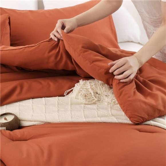 Queen Comforter Set Burnt Orange,3pcs (1Boho Terracotta Comforter& 2Pillowcases) - Picture 7 of 8